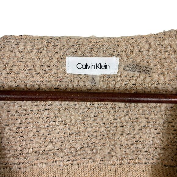 Calvin Klein Tan Beige Black Boucle Knit Pockets Long Cardigan Sweater Women 1X - Picture 3 of 7